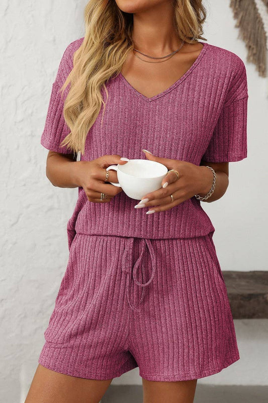 CWSTB1663_SOLID COLOR STRIPED SHORT-SLEEVED HOME WEAR SUIT