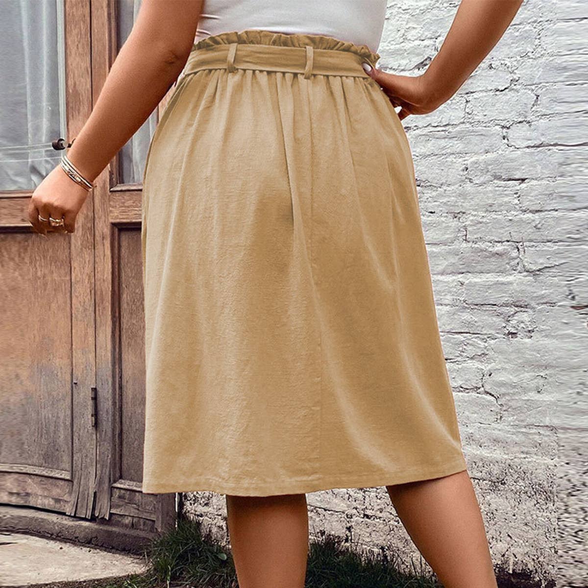 ELASTIC WAISTBAND MID LENGTH KHAKI SKIRT_CWBMS0103