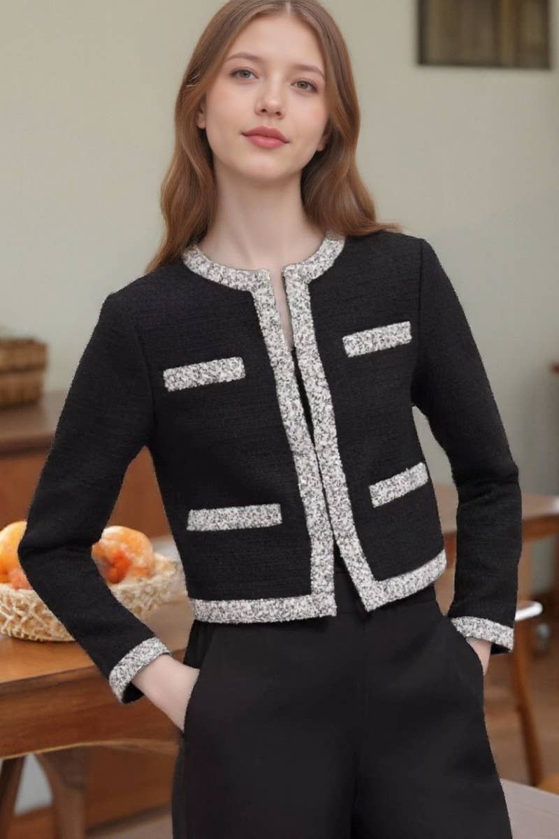 CWOCO1281_ROUND NECK COLOR-BLOCKED TRIM TWEED SHORT COATS