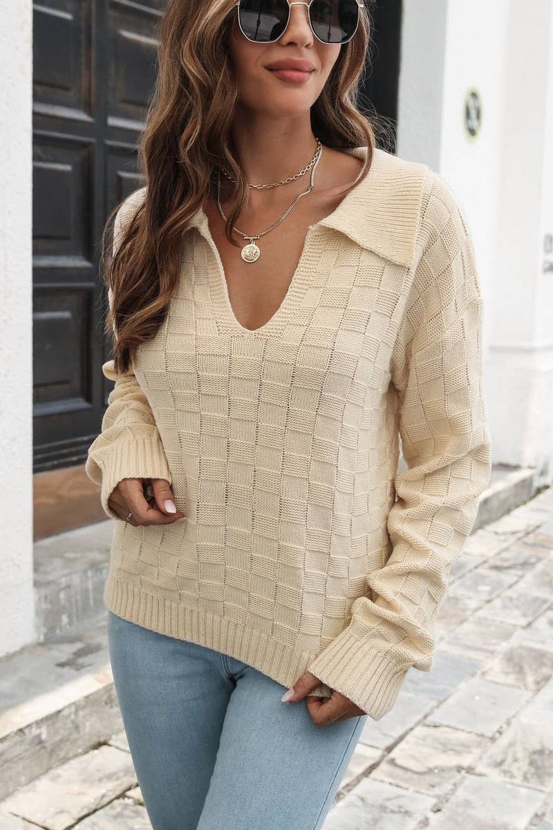 CWOSWL6854_NEW LOOSE THREE-DIMENSIONAL PLAID LAPEL SWEATER