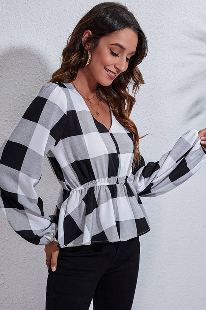 CWTBLL3750_V-NECK LANTERN SLEEVES LARGE PLAID WAIST TOP