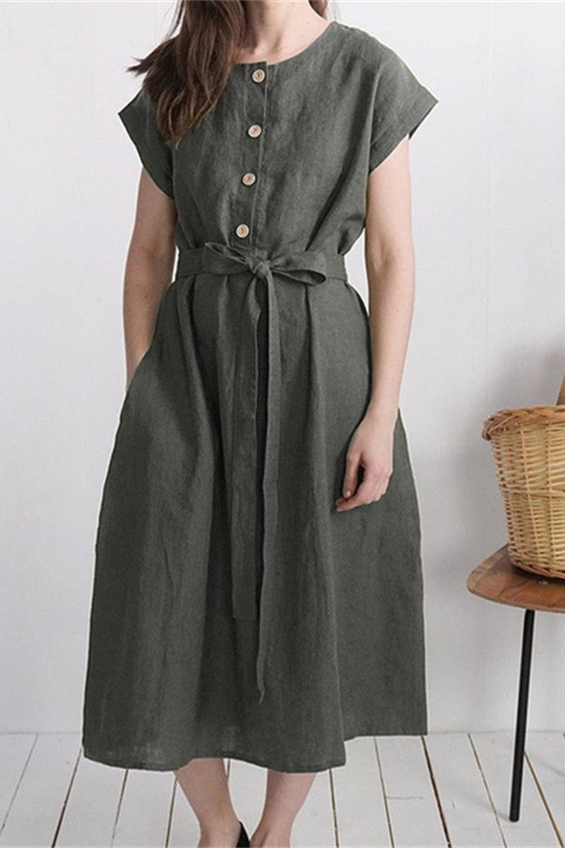 CWDMD3164_COTTON AND LINEN LACE-UP SINGLE-BREASTED DRESS