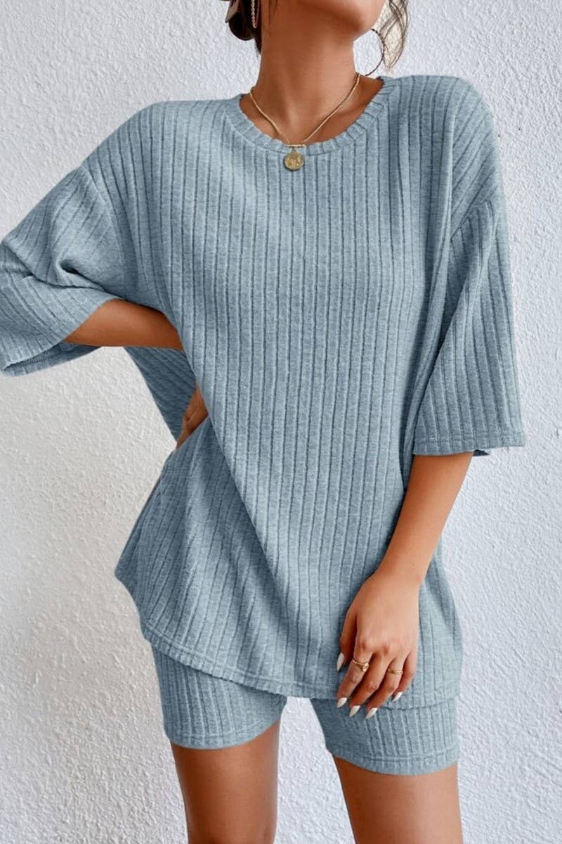 CWSTB1361_SOLID COLOR ROUND NECK LOOSE TOP AND SHORTS SET