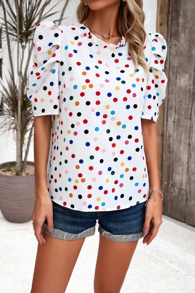 CWTBLL3611_CASUAL COMMUTER POLKA DOT PUFF SLEEVE TOP