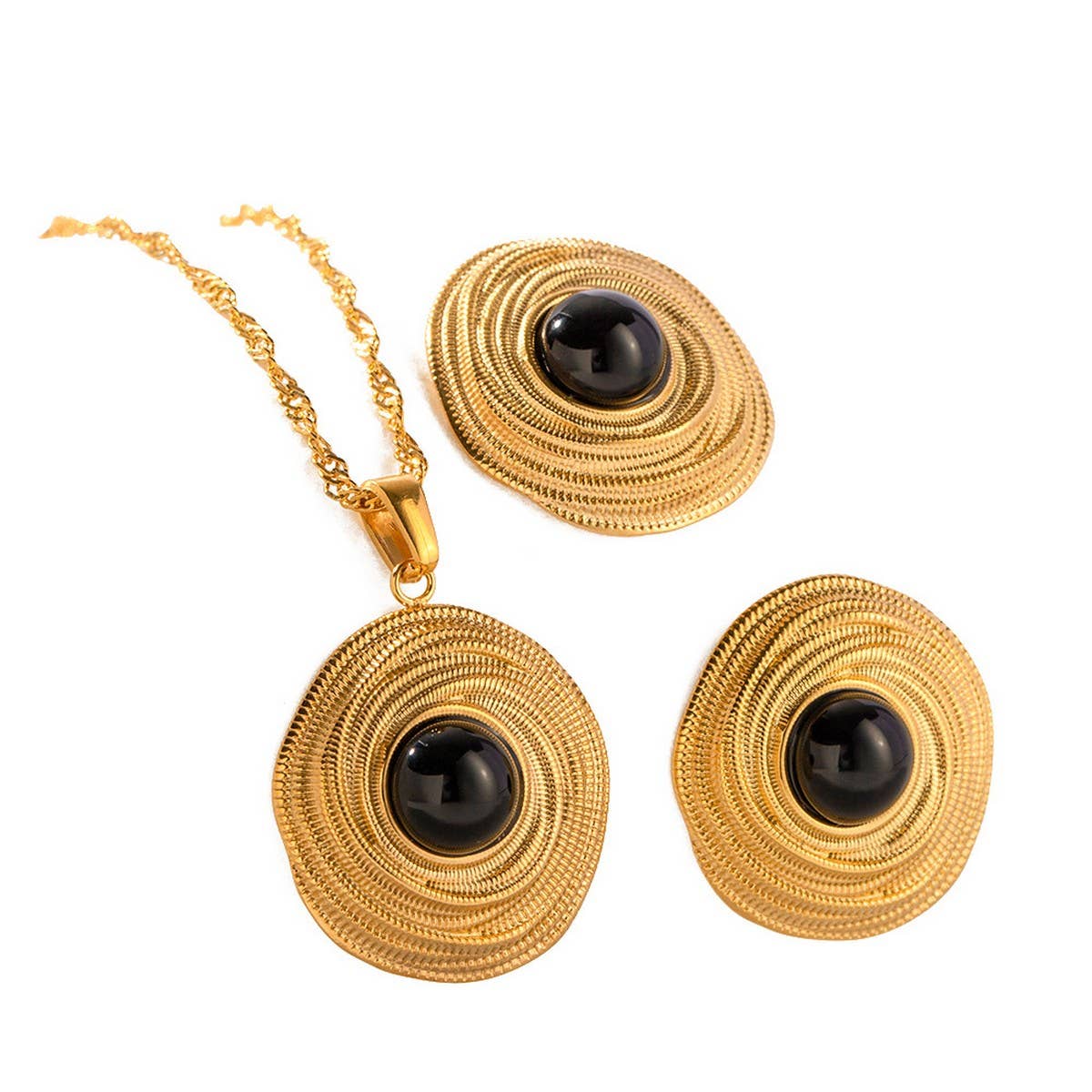 PERSONALIZED RETRO COIL INLAID BLACK AGATE EARRINGS_CWMM2346