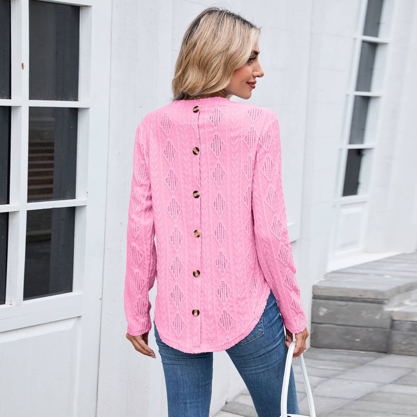 Back buttons hollowed out curved hem T-shirt