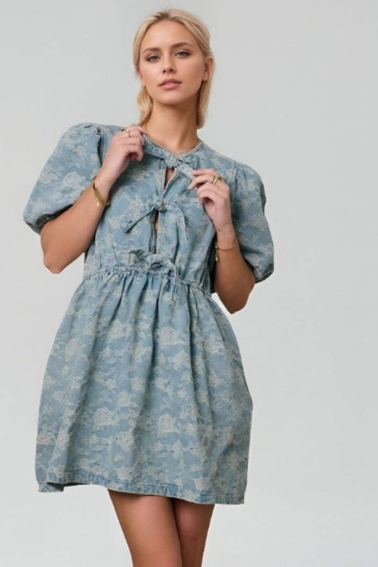 CWDSD8825_FLORAL PUFF SLEEVE DRAWSTRING DENIM DRESS
