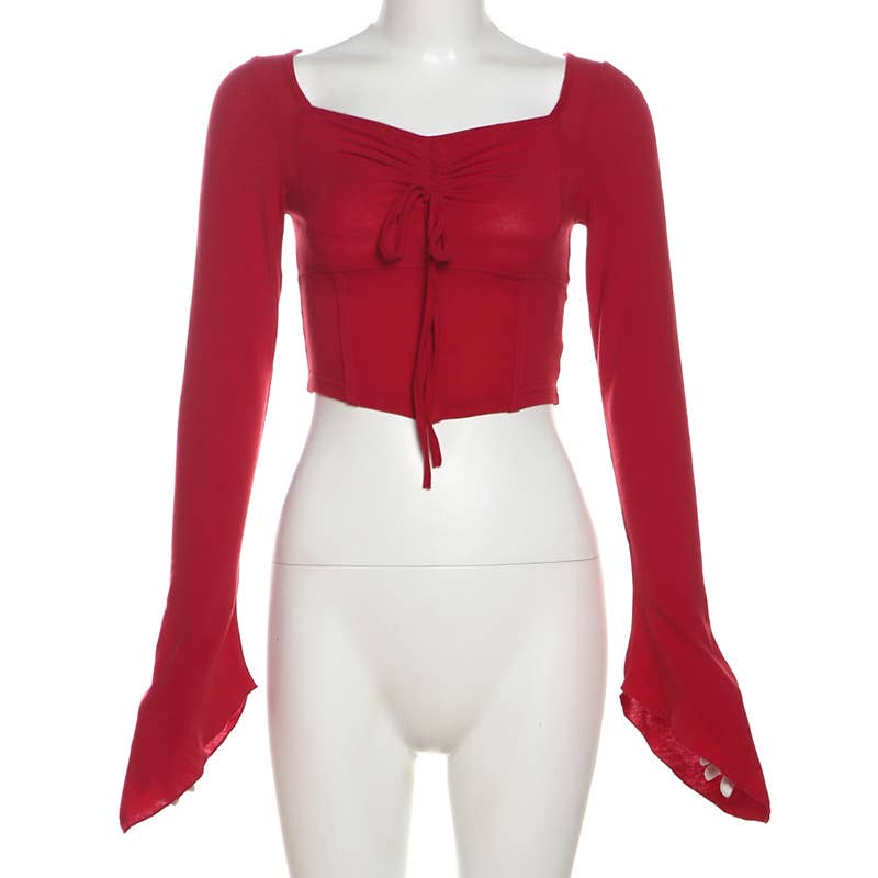 CROP SLEEVES DRAWSTRING PLEATS SOLID COLOR BLOUSE