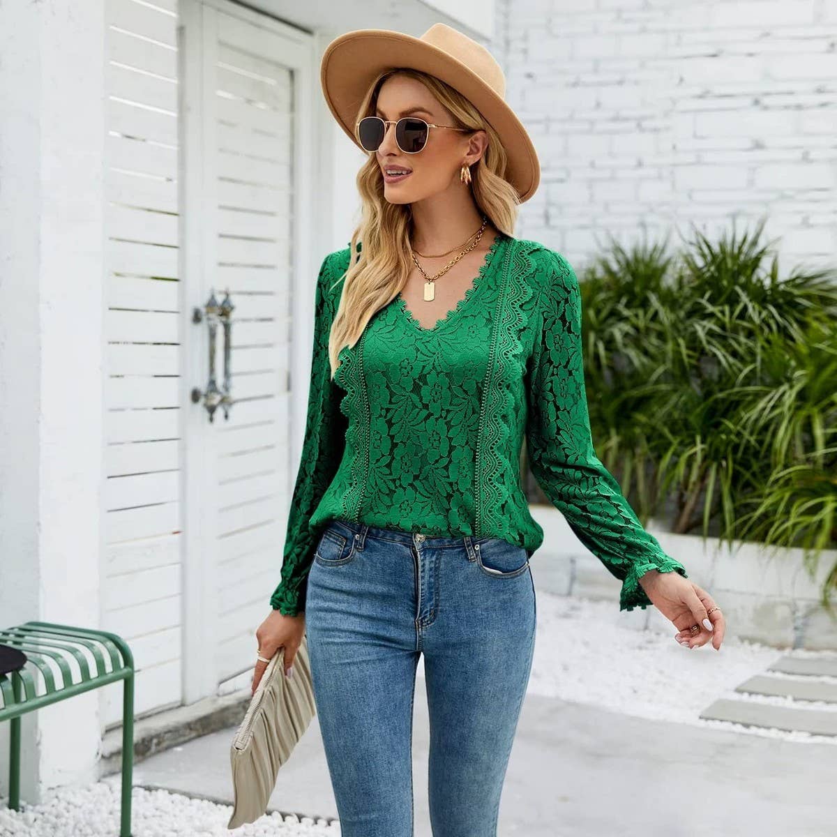 Cut-out lace sexy long sleeve lace top