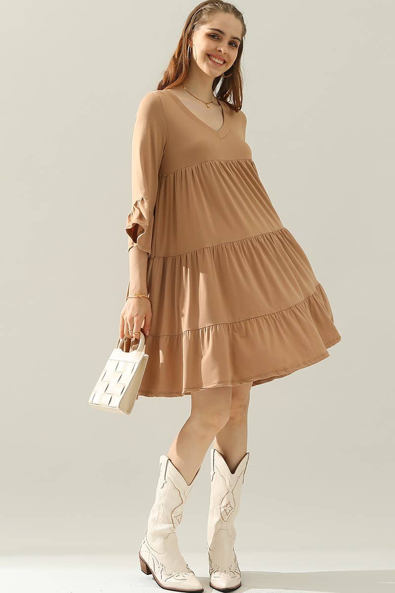 CWDSD10412_V NECK 3 TIERED RUFFLE DRESS WITH RUFFLE SLEEVE