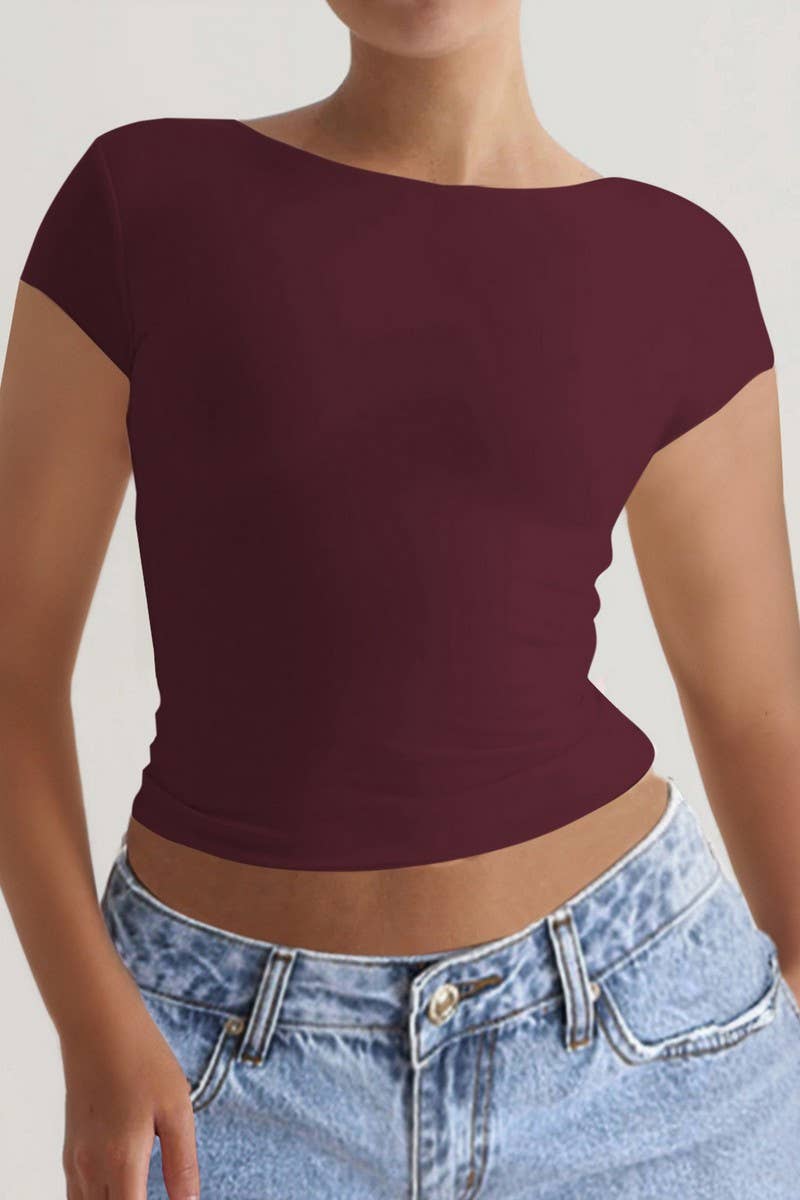 CWTBLS1584_ROUND NECK OPEN BACK SHORT SLEEVE TOP