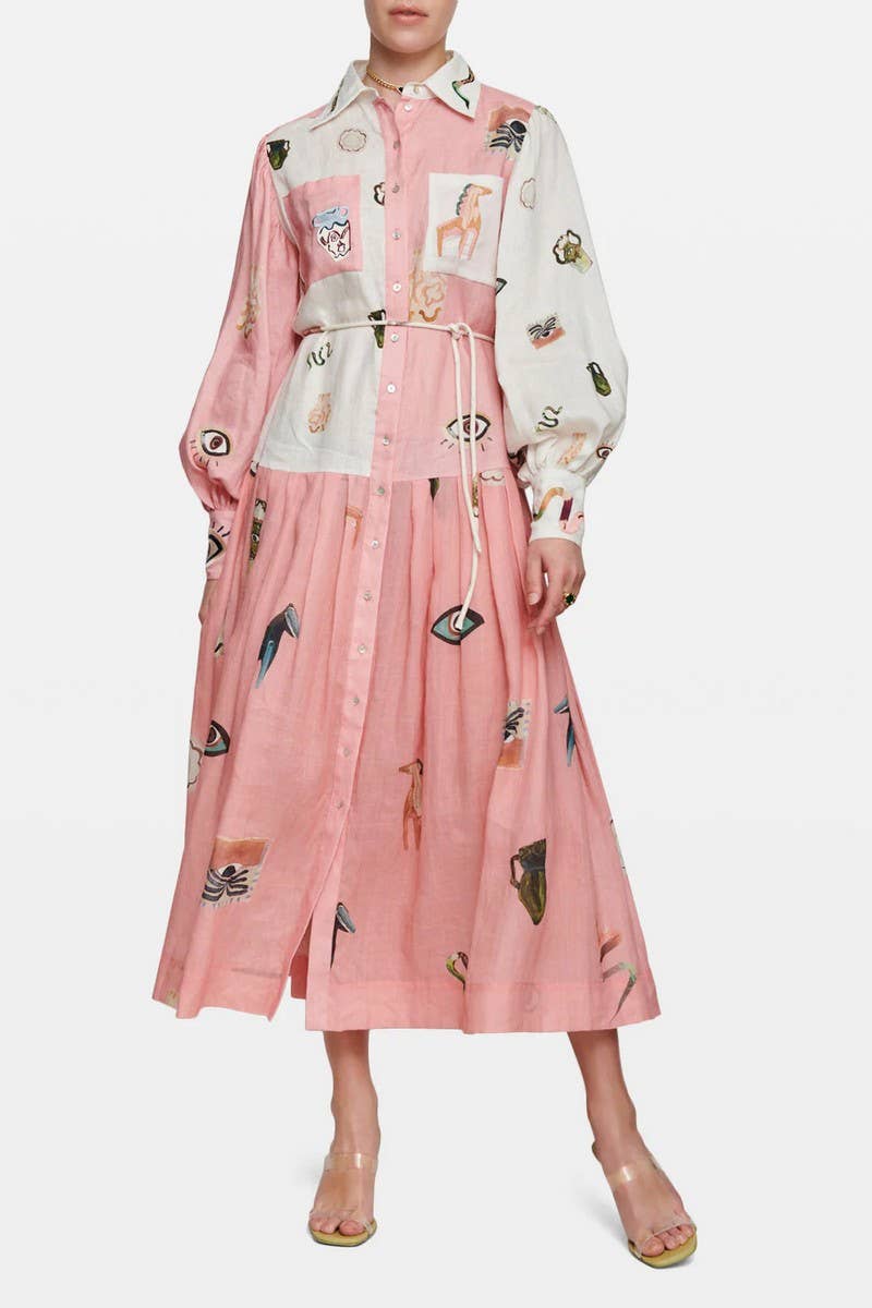 CWDMD5727FASHIONABLE LONG-SLEEVED PUFF SLEEVES TIE-UP DRESS
