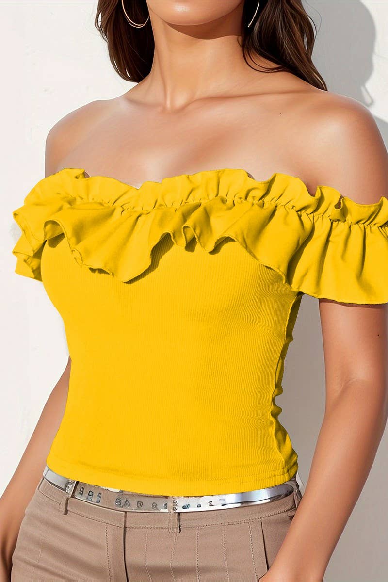 CWTBLS1911_OFF SHOULDER RUFFLE TRIM SOLID COLOR TOP