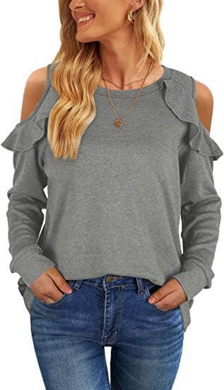 CREW-NECK, OFF-SHOULDER, RUFFLED CASUAL SWEATER