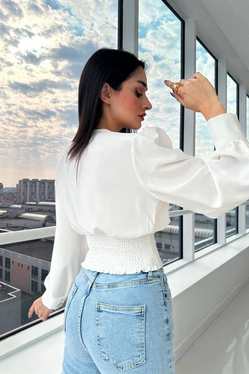 CWTBLL3693_V-NECK SEXY WAIST PUFF SLEEVE SOLID COLOR SHIRT