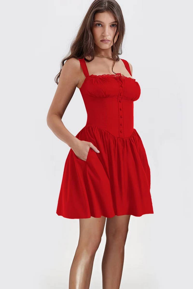 CWDSD8504_SOLID LACE TRIM TIE STRAP CAMI DRESS