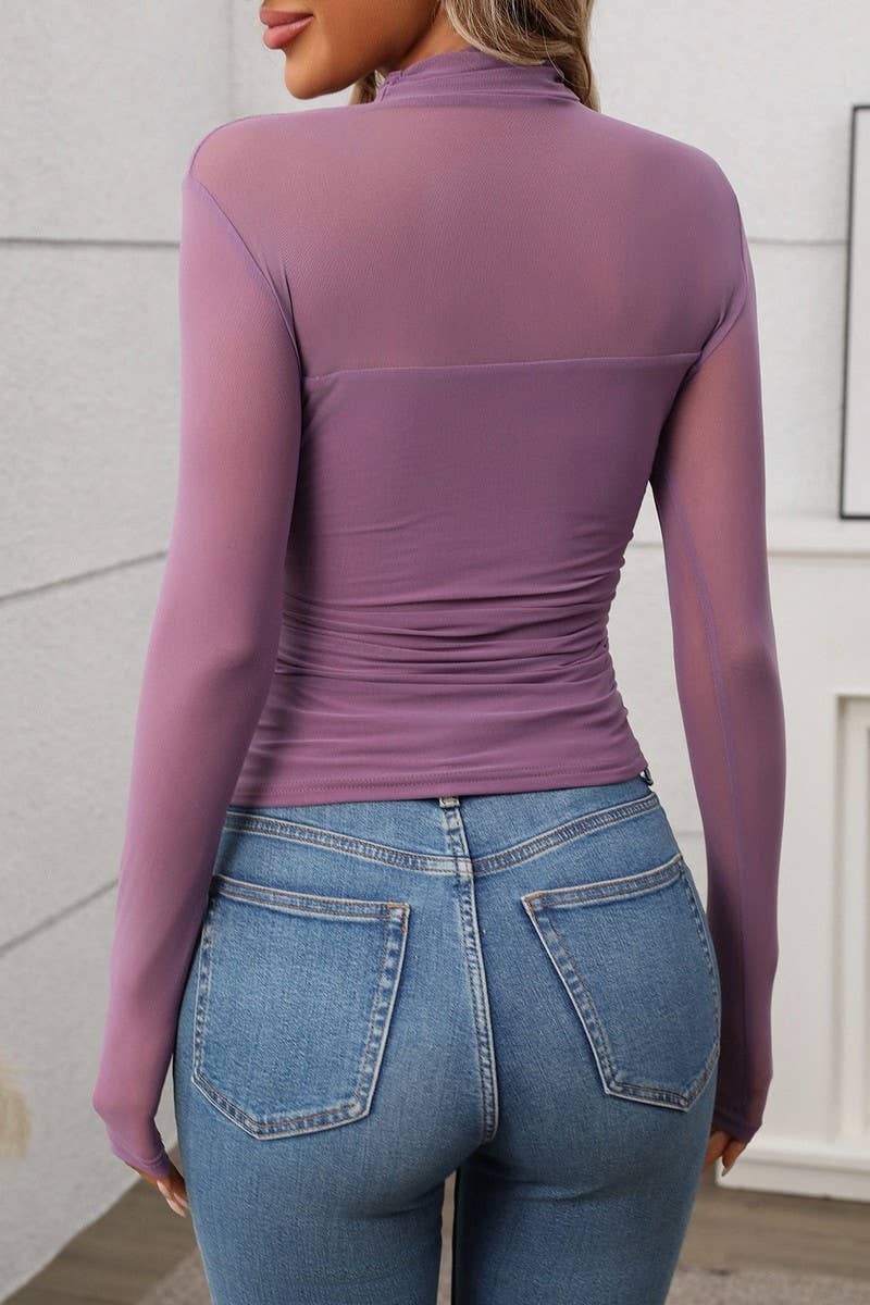 CWTBLL3695_HALF TURTLENECK SEE-THROUGH LONG SLEEVE MESH TOP