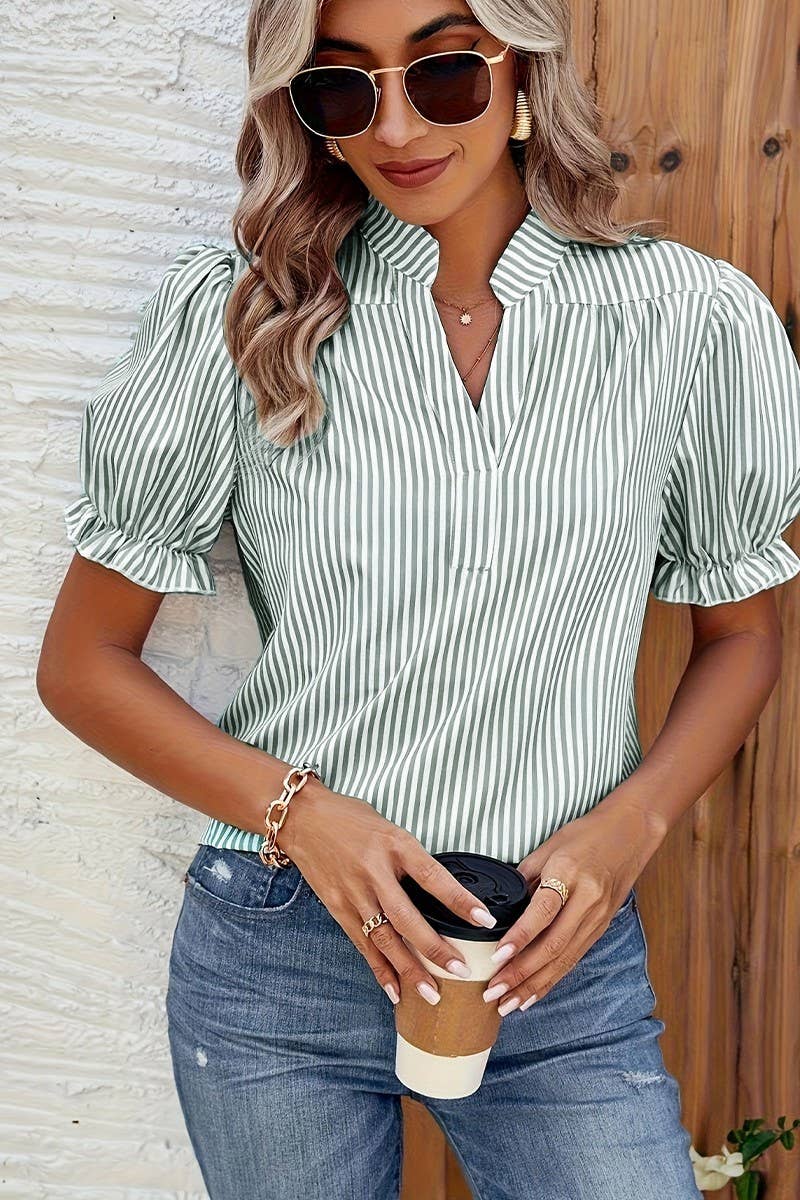 CWTBLS2236_SUMMER NEW STRIPED LANTERN SHORT-SLEEVED SHIRT