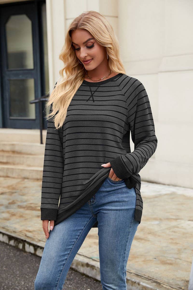 CWTBLL3663_STRIPED PATCHWORK ROUND NECK LONG SLEEVED T-SHIRT