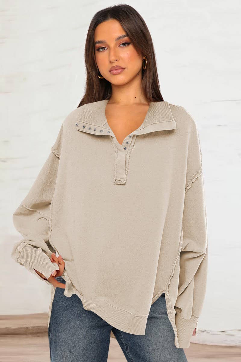 CWTBLL3993_SLIT LANTERN SLEEVE POLO COLLAR SWEATSHIRT