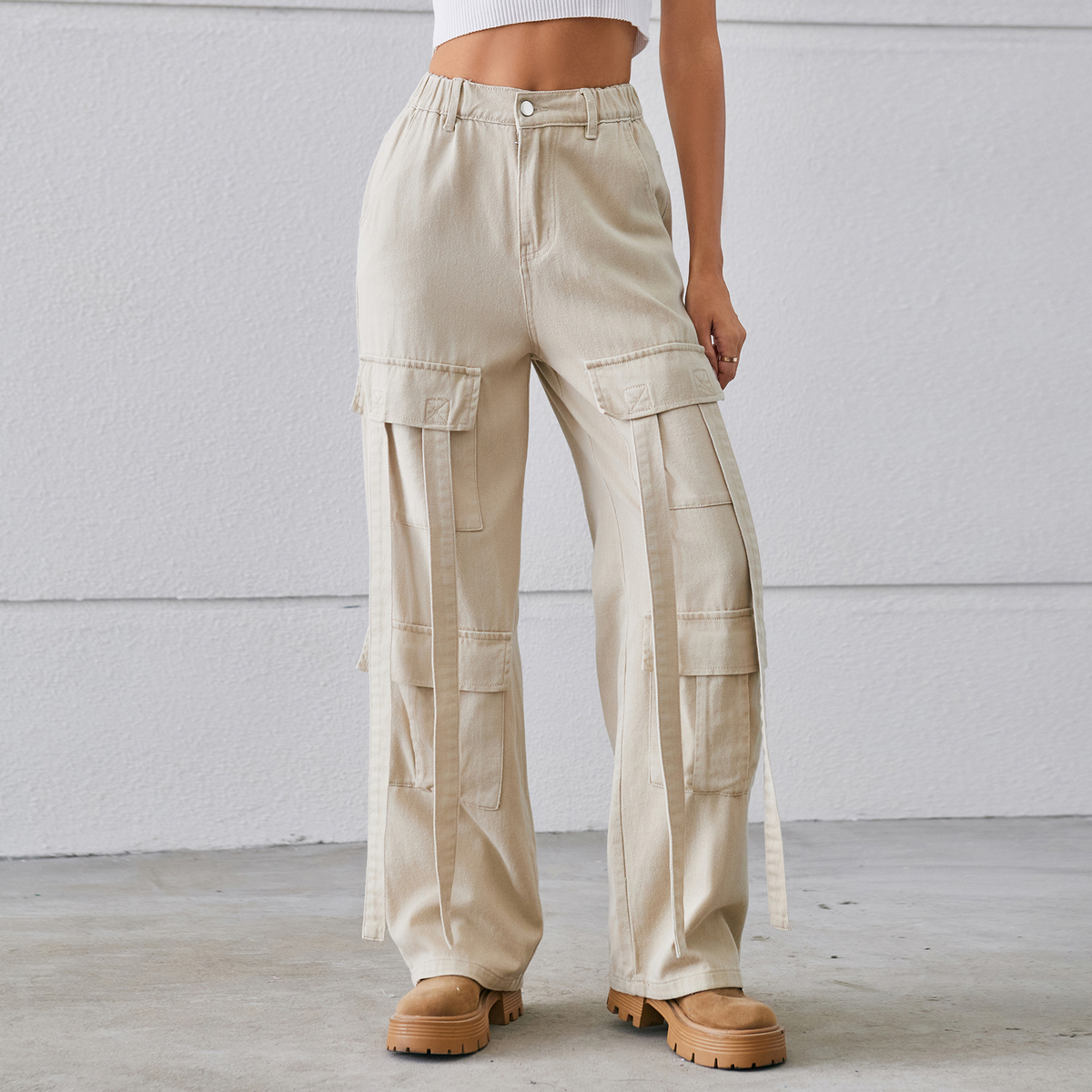 Casual Cargo Jeans ??Vintage Ribbon Accent _CWJP0630