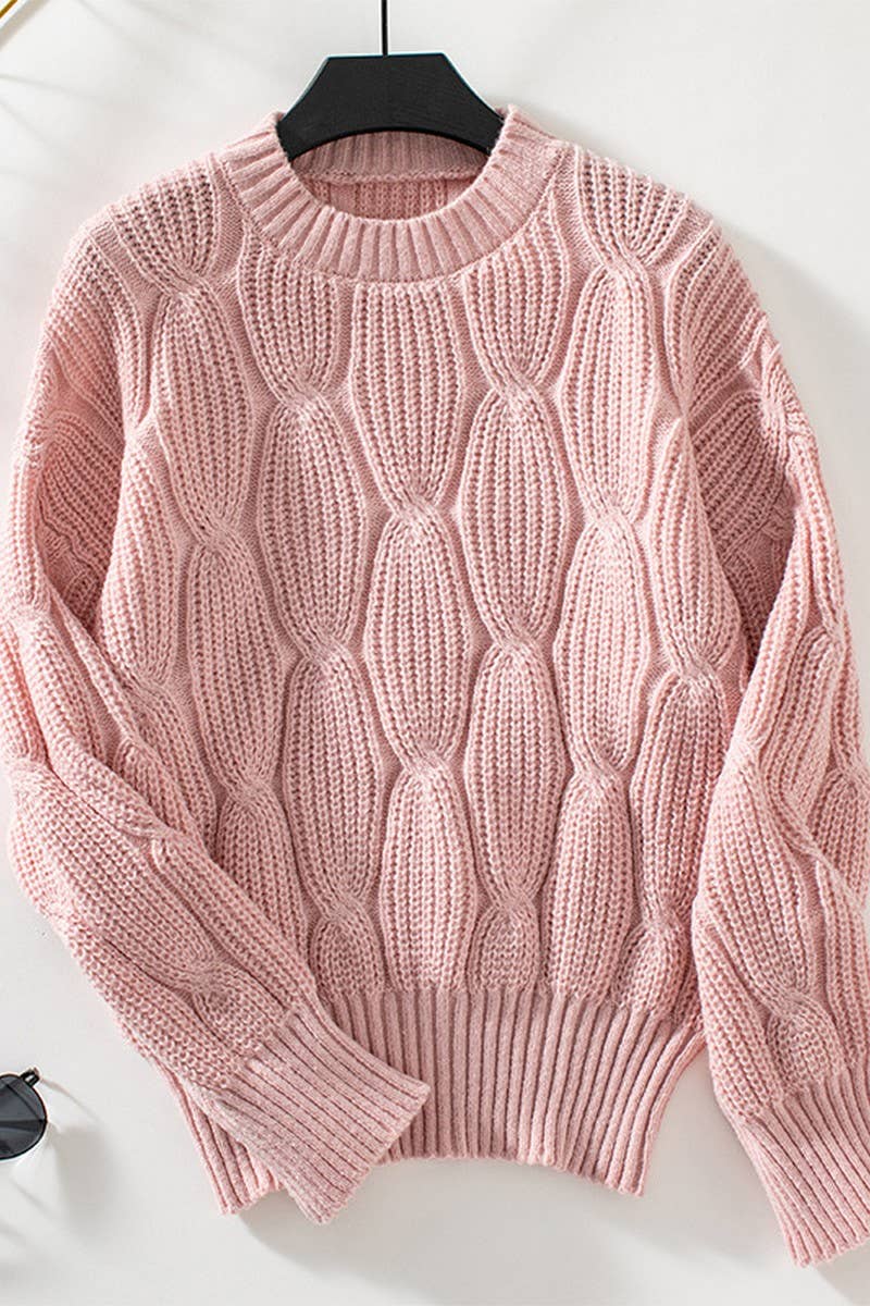 CWOSWL2923_SOLID COLOR PULLOVER CABLE KNIT SWEATER