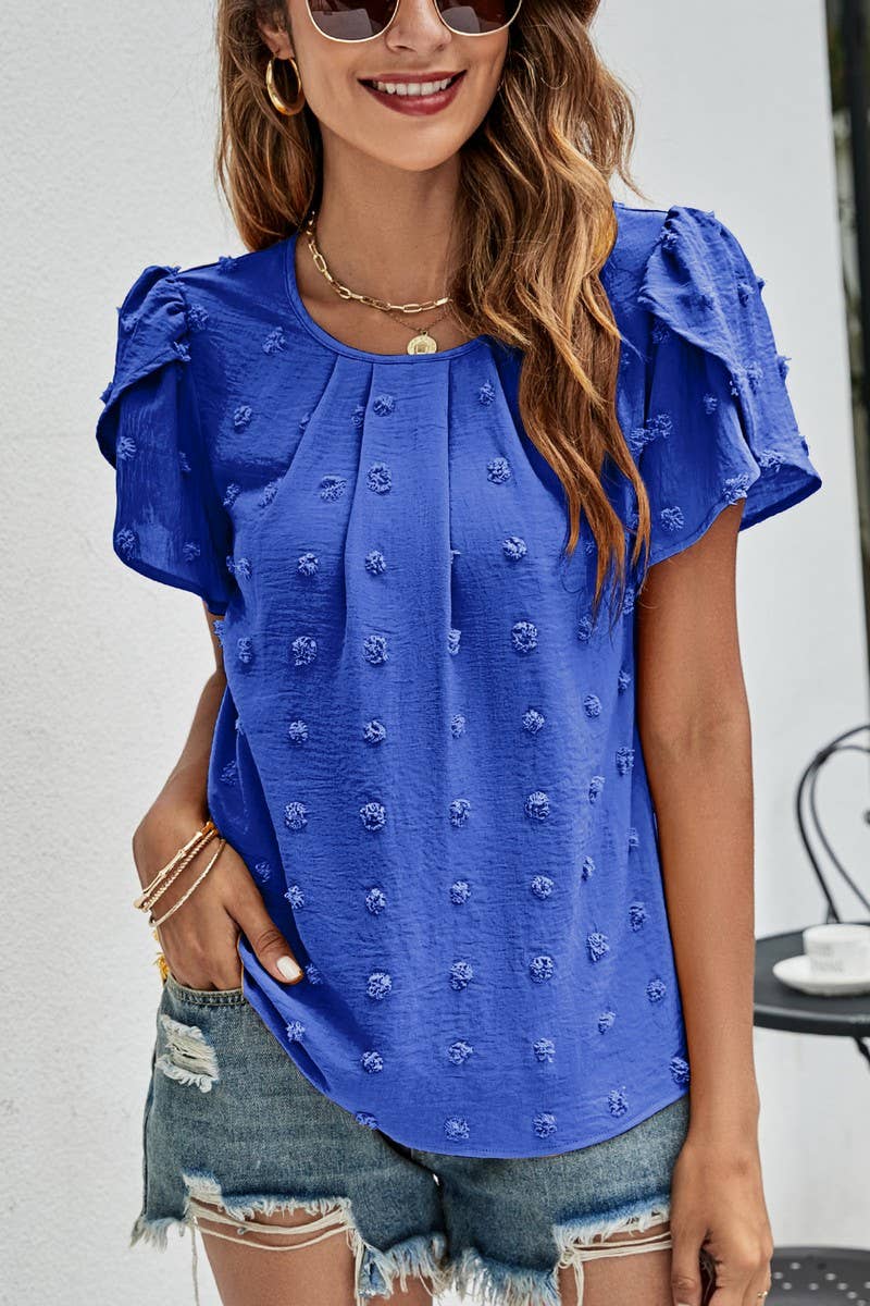 CWTBLS0342_Round neck Short Puff Sleeve Blouse