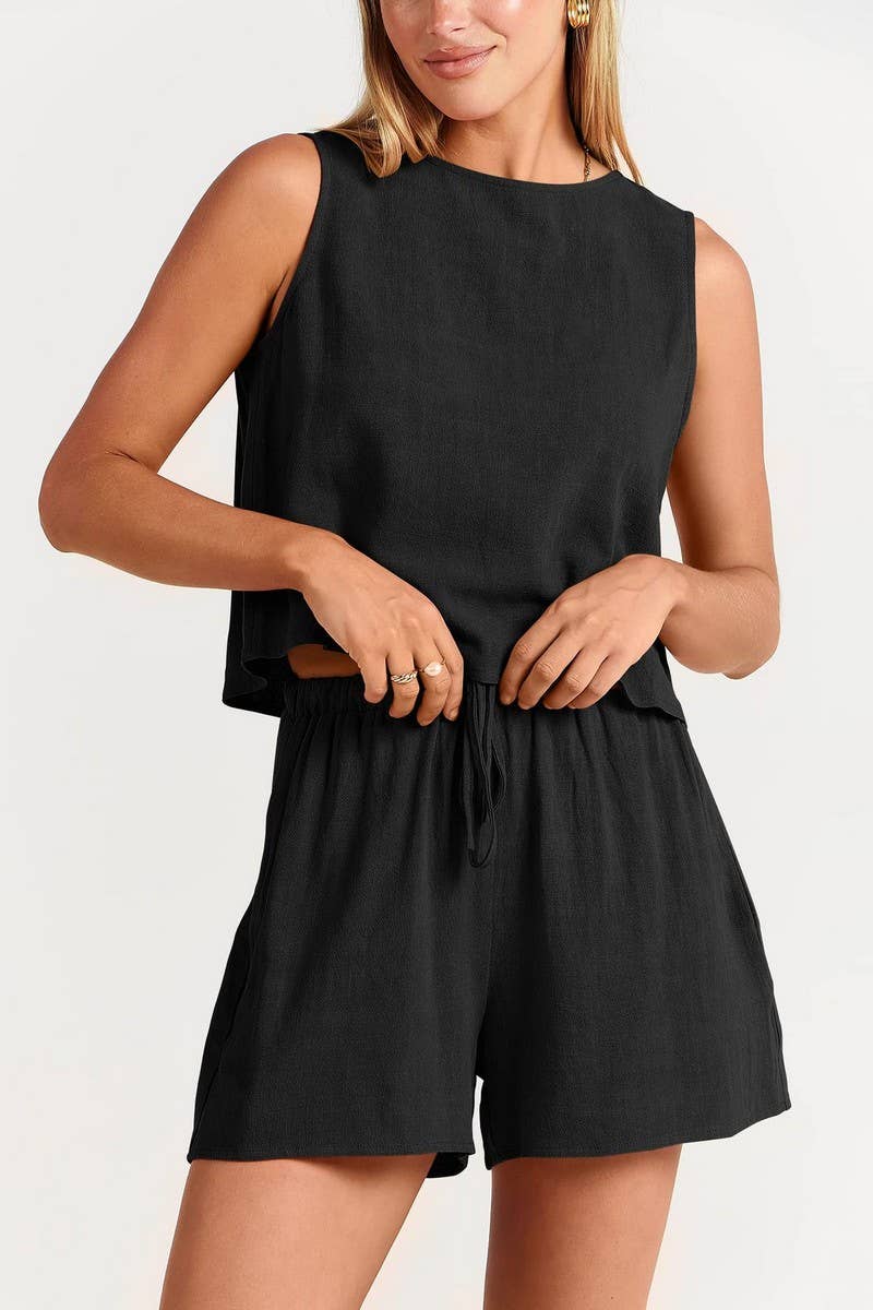 CWSTB1594_SOLID COLOR SLEEVELESS TOP SHORTS TWO PIECE SET