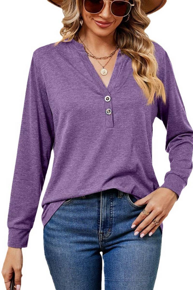 CWTBLL2371_V-NECK BUTTON LONG SLEEVE LOOSE PULLOVER TOP
