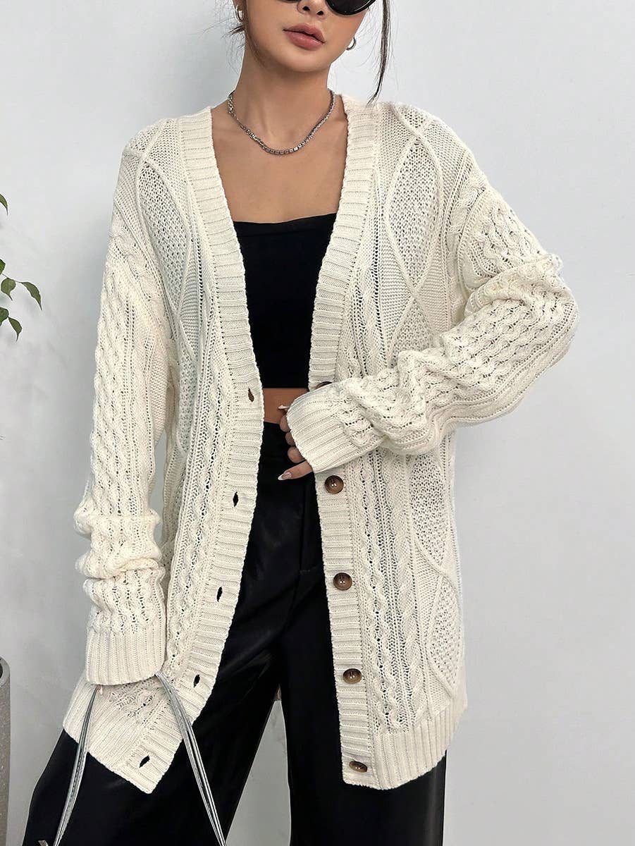 CASUAL LOOSE V-NECK MID-LENGTH KNIT CARDIGAN