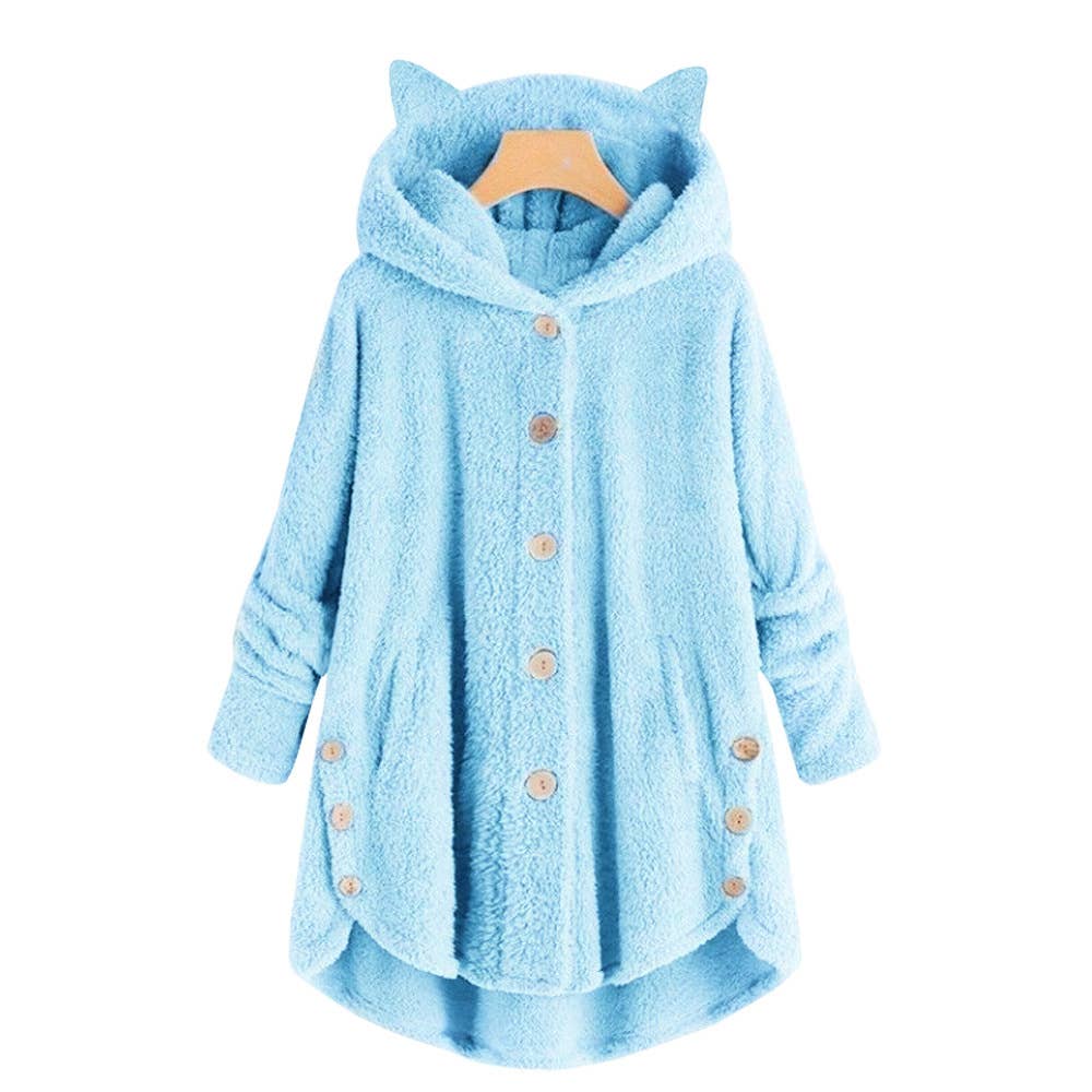 BUTTON-UP HOODED CAT EARS PLUSH SOLID COAT