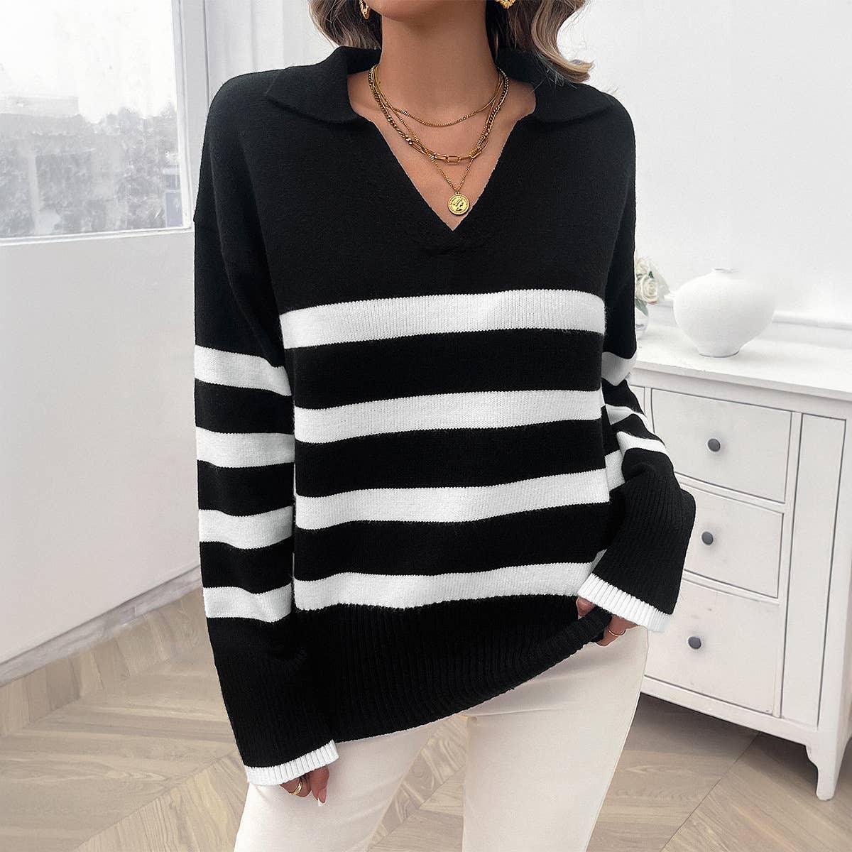 CASUAL BAGGY STRIPED LAPEL PULLOVER SWEATER