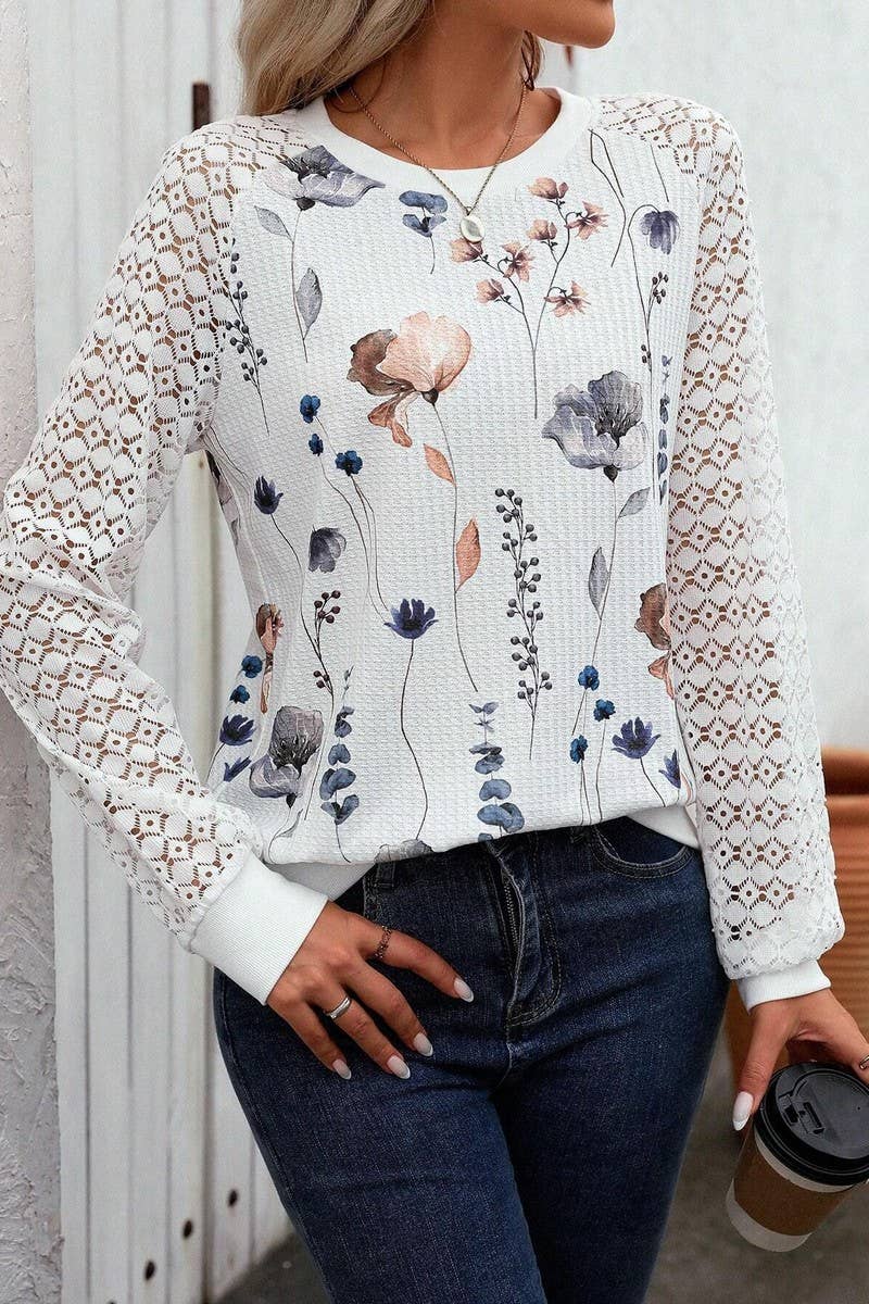CWTBLL3547_WAFFLE FLORAL PRINT LACE LONG-SLEEVED TOP