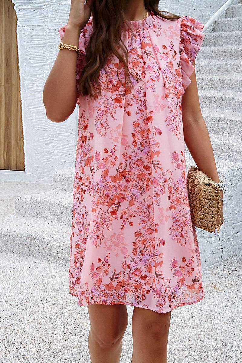 CWTDSSL0002_Round Neck Floral Ruffle Sleeve Dress