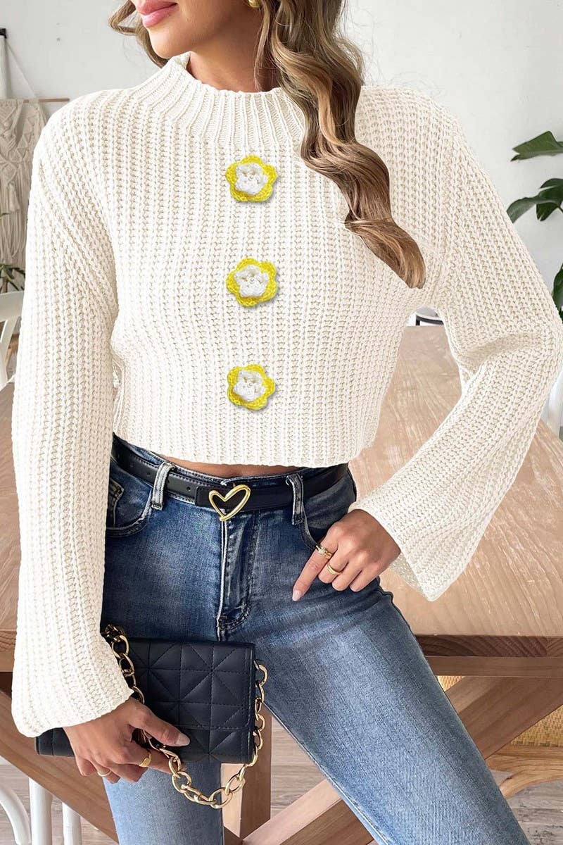 CWOSWL07408_WOMEN CROPPED KNIT SWEATER PEARL  FLARE SLEEVE