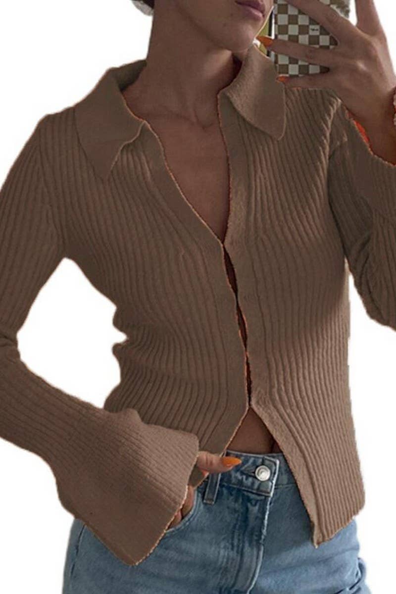 CWOCAL2221_SOLID COLOR LAPEL BELL SLEEVE KNIT CARDIGAN TOP