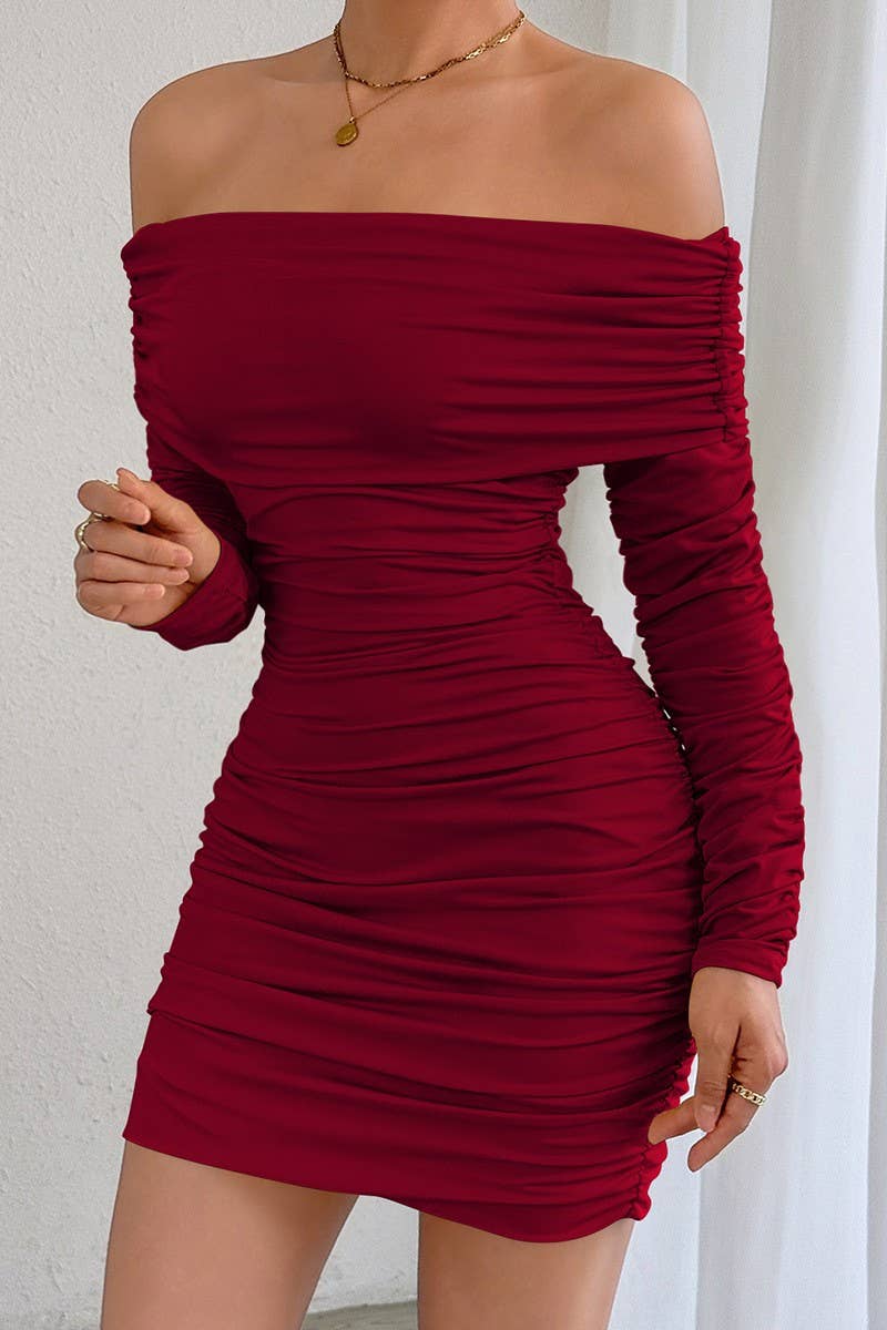 CWDSD10763_OFF SHOULDER LONG SLEEVE RUCHED BODYCON DRESS
