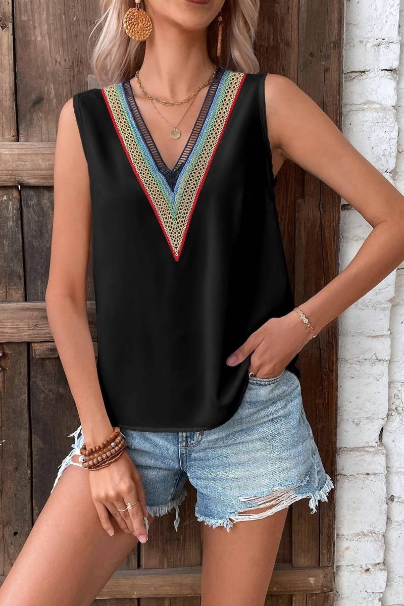 CWTBLSL0248_SUMMER V-NECK LACE SLEEVELESS CASUAL TOP VEST