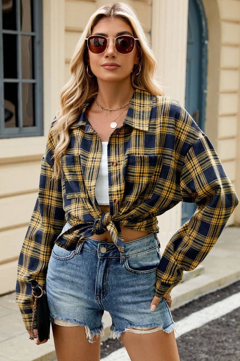 CWTSTL1711_STYLISH LONG SLEEVE POCKET PLAID SHIRT TOP