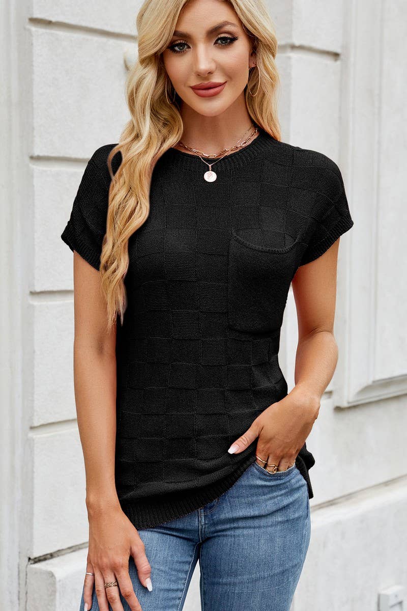 CWTBLS02497_SMALL CHECK CASUAL SHORT SLEEVE KNIT TOP