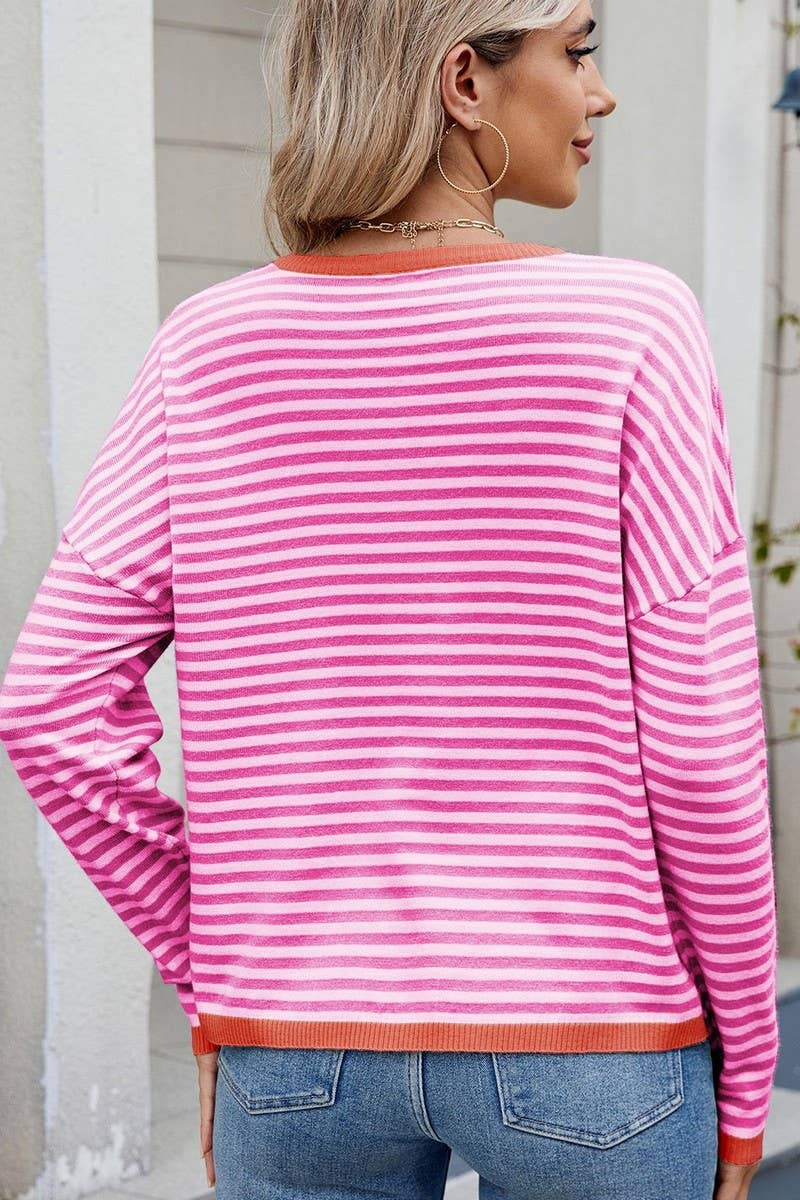 CWTBLL01204_COLORBLOCK TRIM STRIPE LOOSE KNIT PULLOVER