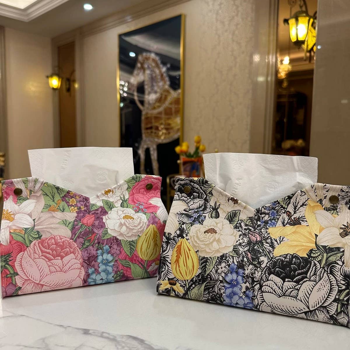 CREATIVE OIL PAINTING FLOWER LEATHER TISSUE BOX