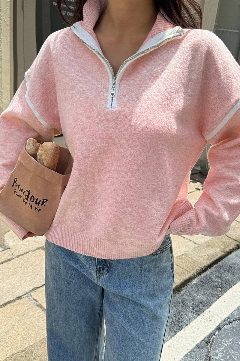 CWOSWL07487_CASUAL SIMPLE SOLID LONG SLEEVE ZIP SWEATER