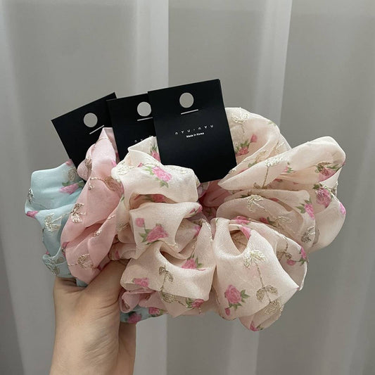 NEW EMBROIDERED FLOWERS HAIR SCRUNCHIES_CWAHA1736