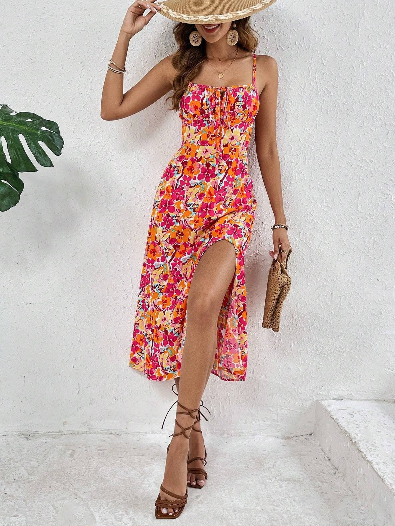 Casual vacation style printed halter slit dress