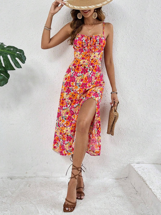 Casual vacation style printed halter slit dress