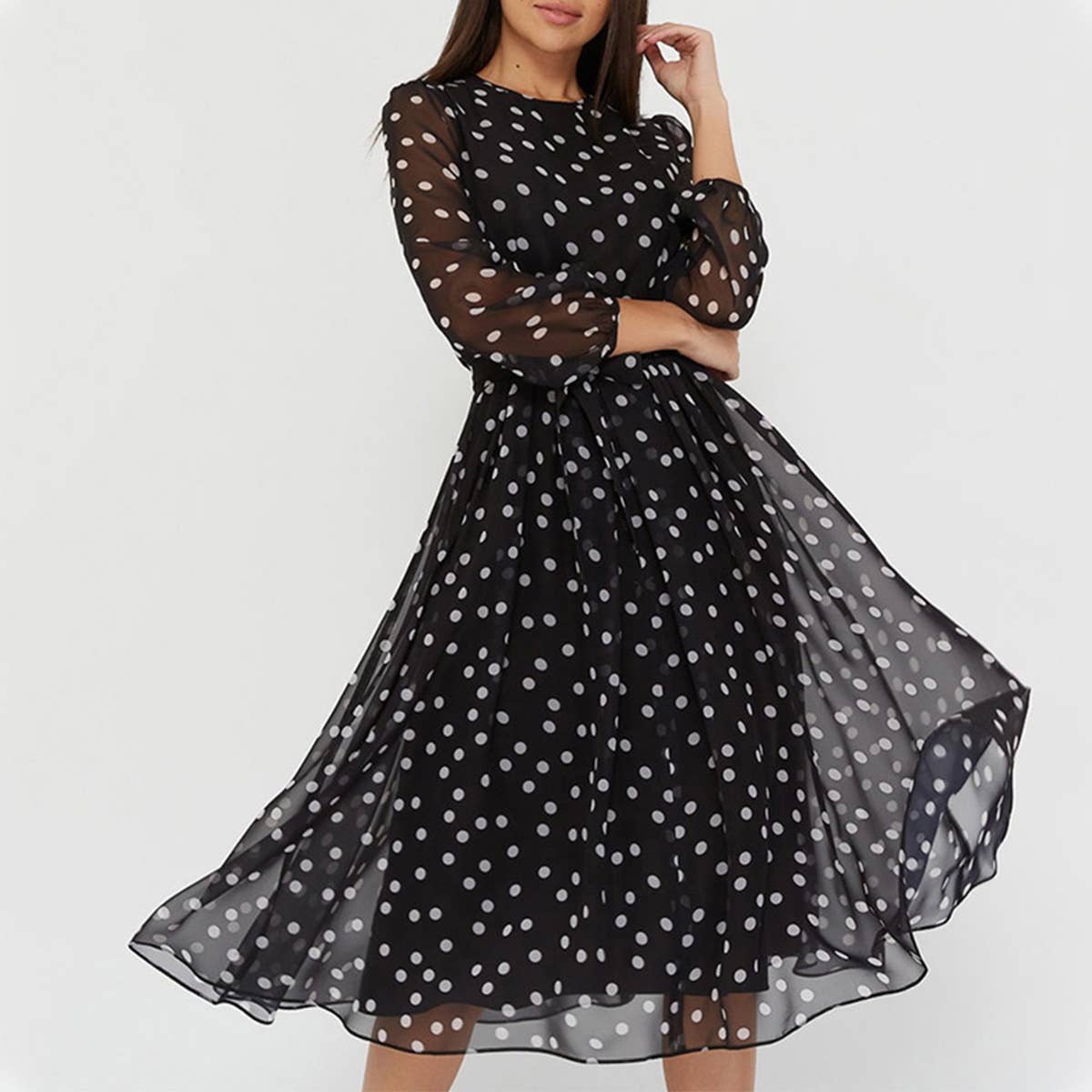 COFFEE COLOR POLKA DOT LACE PRINT CHIFFON DRESS