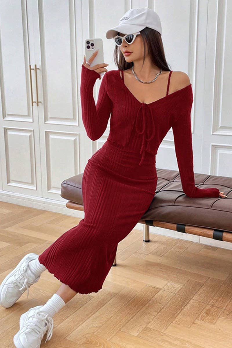 CWDMD00972_FRENCH STYLE KNITTED DRESS SLIM TWO-PIECE SUIT