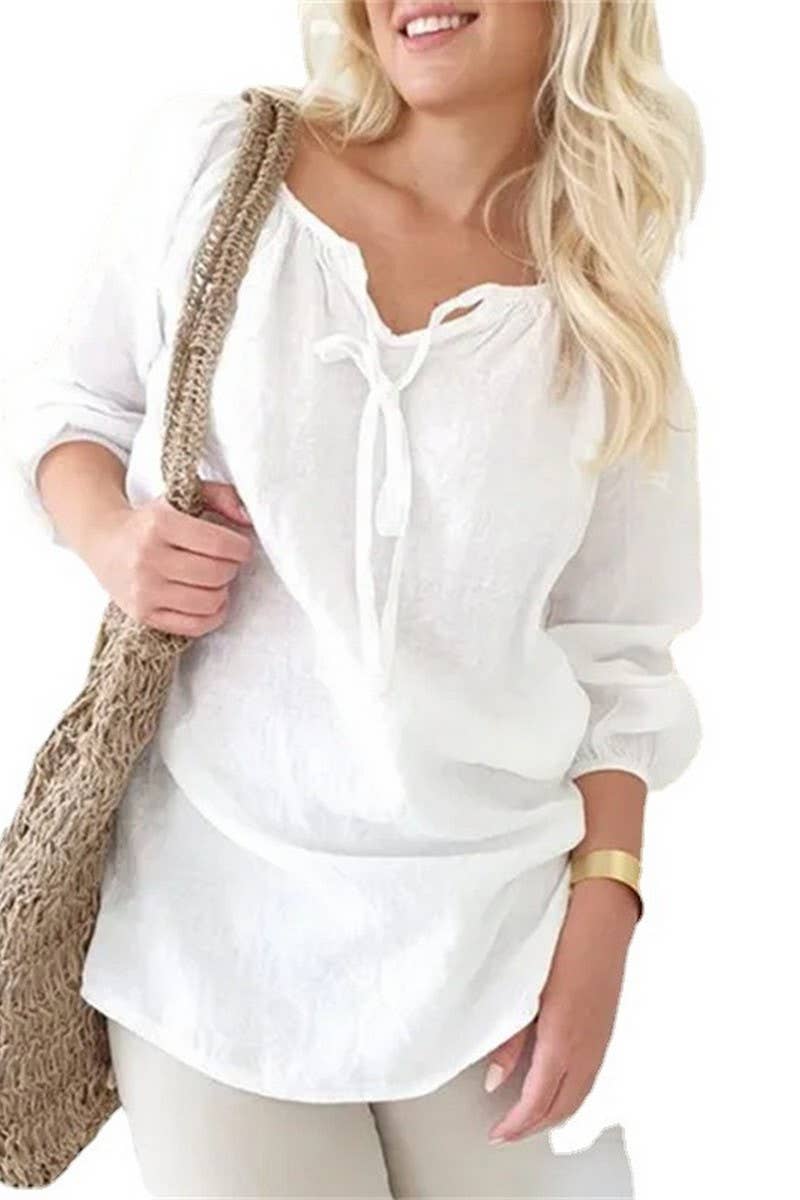 CWTBLL1333_V-NECK LOOSE-FITTING COTTON AND LINEN SHIRT