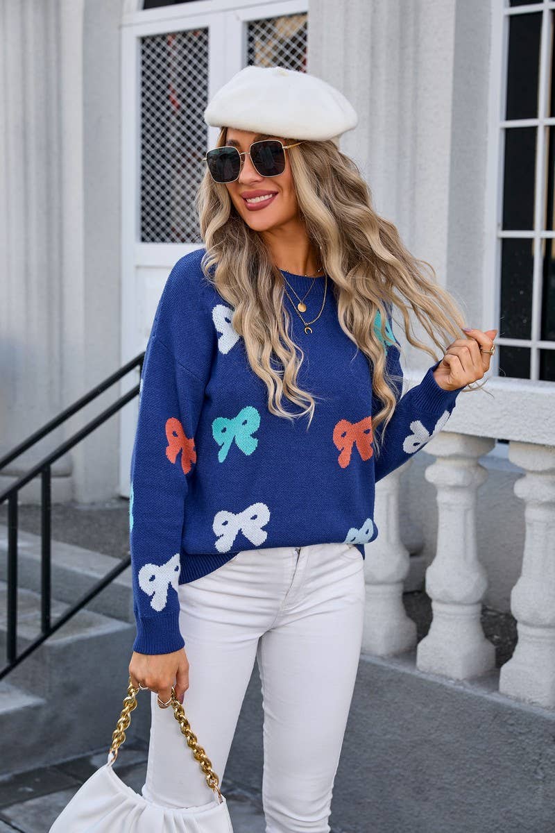 CWOSWL3146_BOW CREW NECK LONG SLEEVE KNITTED SWEATER